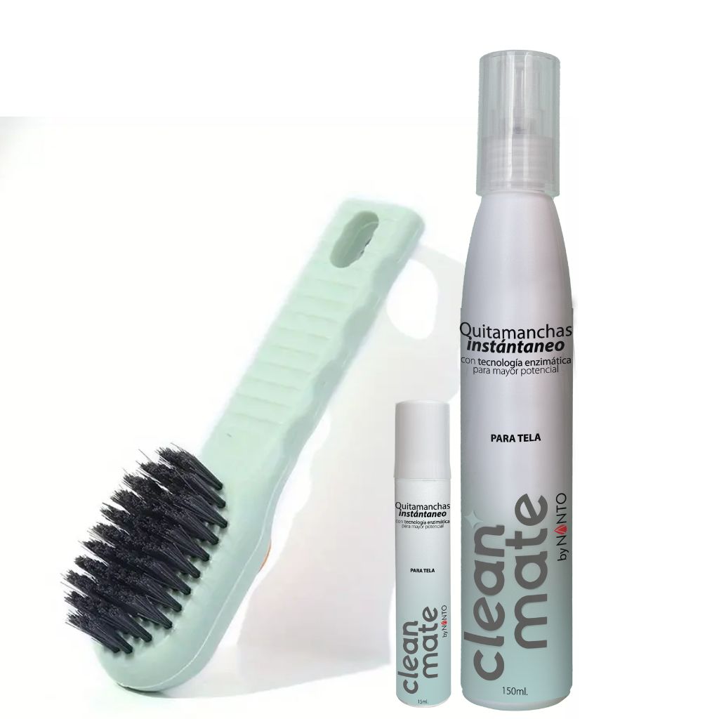 Paquete CleanMate telas 150 ml + CleanMate telas 15 ml + cepillo de limpieza